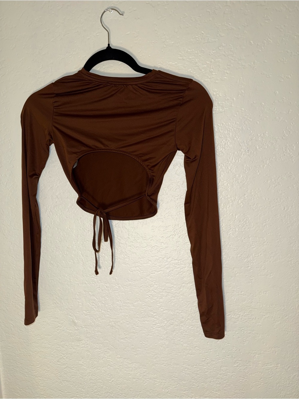 Bershka Brown Long Sleeve Cutout Tie-Back Crop Top